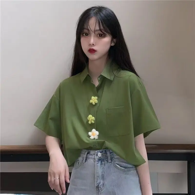 Woman Clothes Korean Fashion Style Prairie Chic Short Sleeved Shirt Loose Trend Top Color Collision Popularity Polo-neck Casual