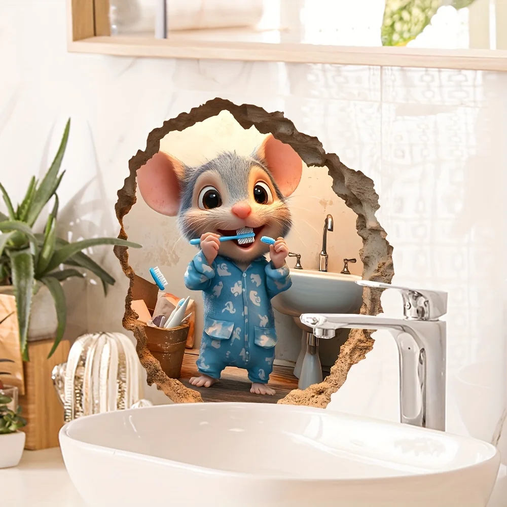 1 قطعة ملصق حائط مضحك ماوس تطل من خلال الفتحة - ديكور حمام غريب الأطوار، ملصق PVC ذاتي اللصق وقابل للإزالة للأسطح #6