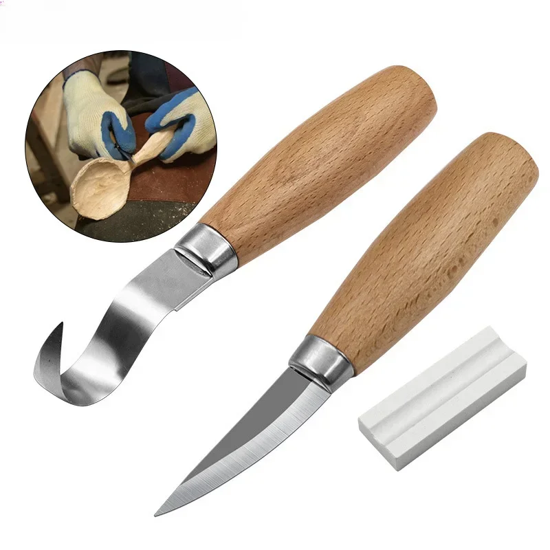 

Bent Straight Knife Set,Wood Chipper Knife Spoon Scraper with whetstone Beech Handle Stainless Steel Woodworking Carving Knife