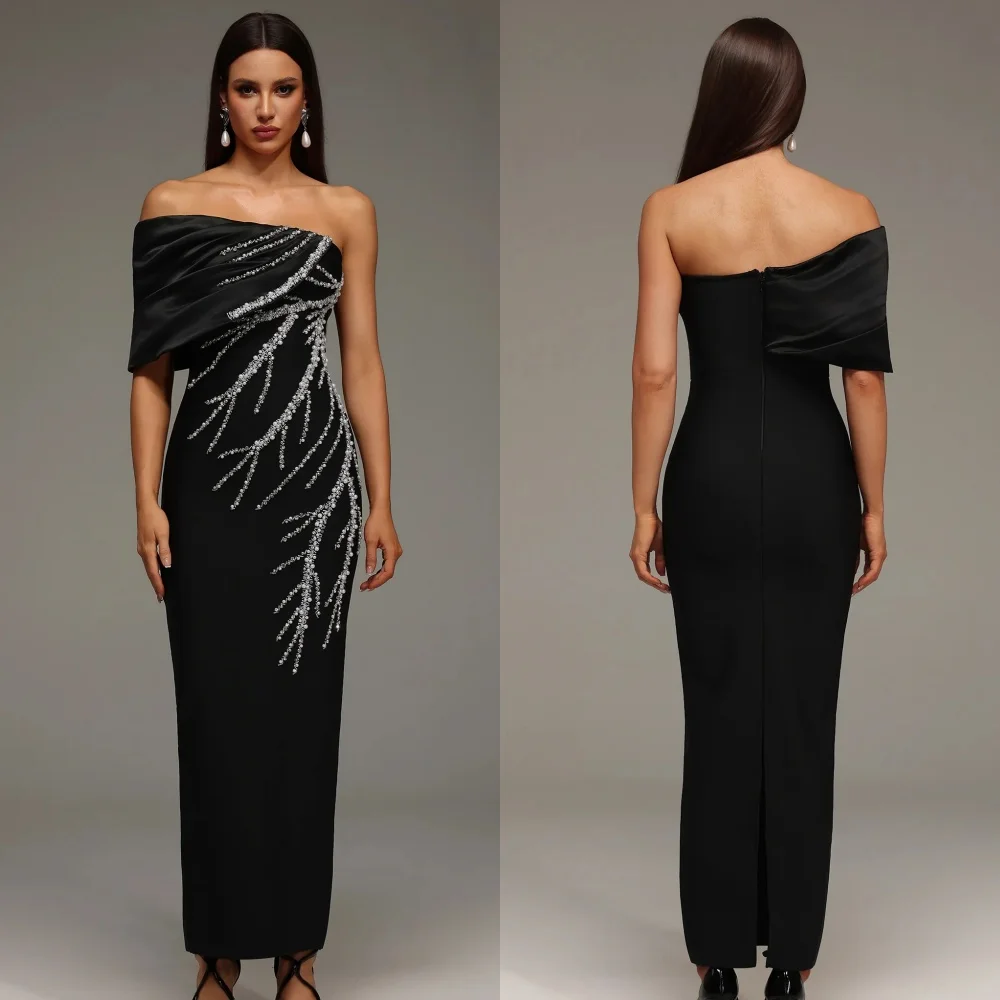 Personalizado estilo moderno sexy jérsei strass miçangas em linha reta fora do ombro tornozelo comprimento vestidos sob medida vestidos de ocasião