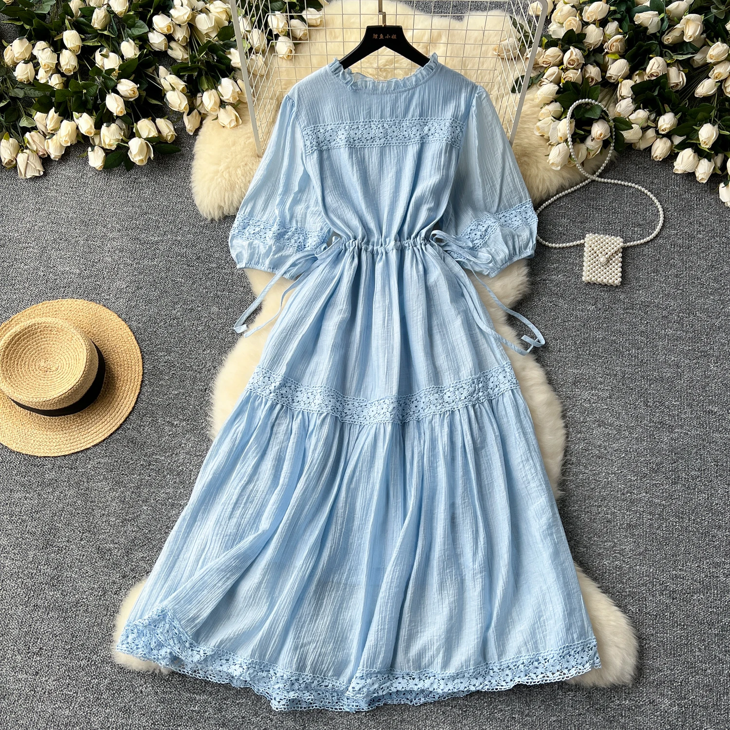 French series Bandage ruffle lace PATCHWORK Lantern Sleeve dress women\'s summer waist chiffon sweet dresses