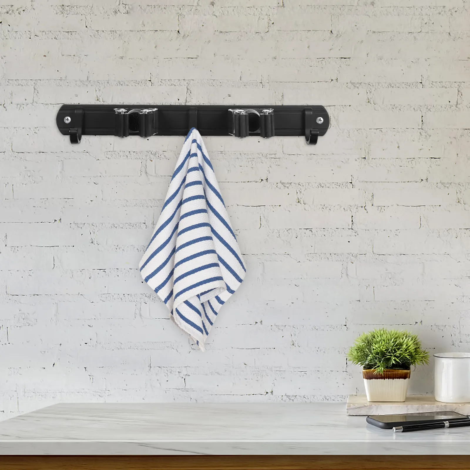 

Heavy Duty Space Aluminum Wall Mount Mop and Broom Holder with 2 Slots 4 Hooks for Garage Garden Kitchen Laundry Office Storage