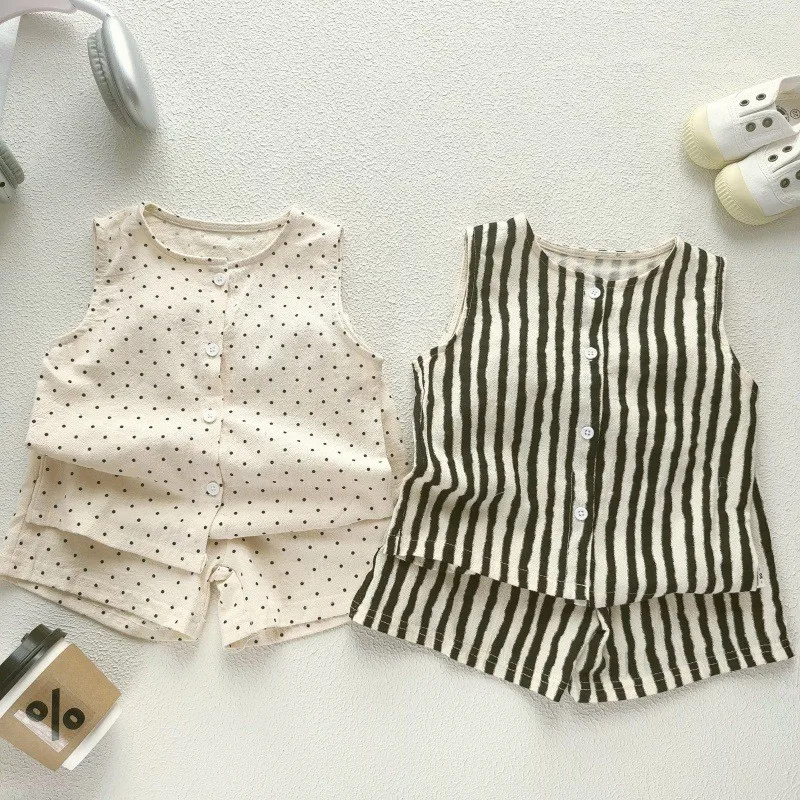 Tz2646 novo estilo coreano roupa de verão das crianças algodão linho fino conjunto de duas peças para meninos meninas bebês bebê estilo coreano conjunto