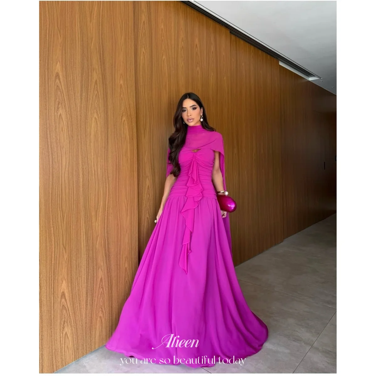 Aileen Pink Evening Dresses A-Line High Ruffles Prom Dress Floor Length women's wedding party attire Special Occasion Customized