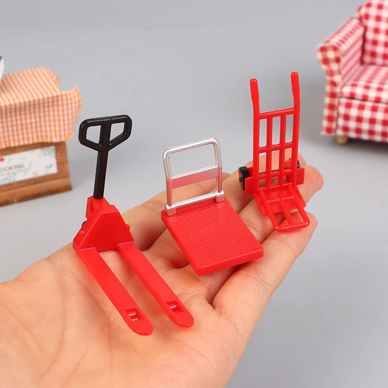 3 Stuks 1:12 Poppenhuis Miniatuur Kar Trolley Trapklimmachine Mini Buitenkar Vorkheftruck Bewegend Gereedschap Model Home Decor Speelgoed
