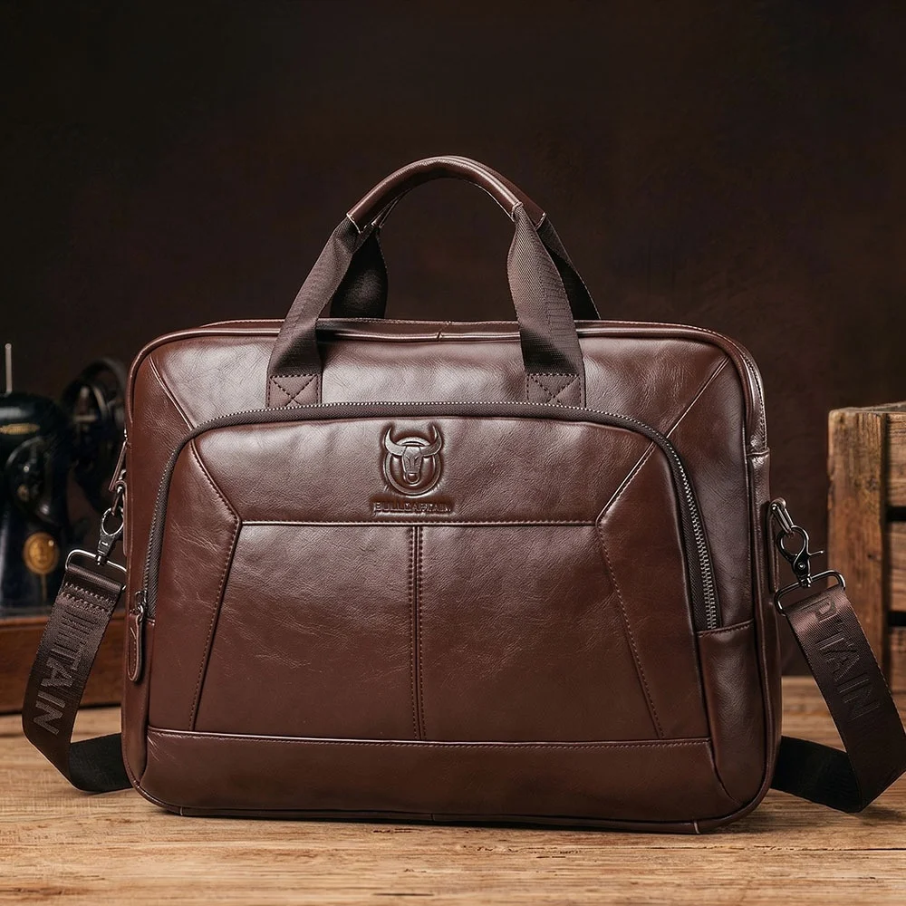 Maletín de Cuero Genuino BULLCAPTAIN, Maletín Cruzado para Hombre, Bolso de Negocios de Piel de Vaca, Bolso de Mano para Tabl...