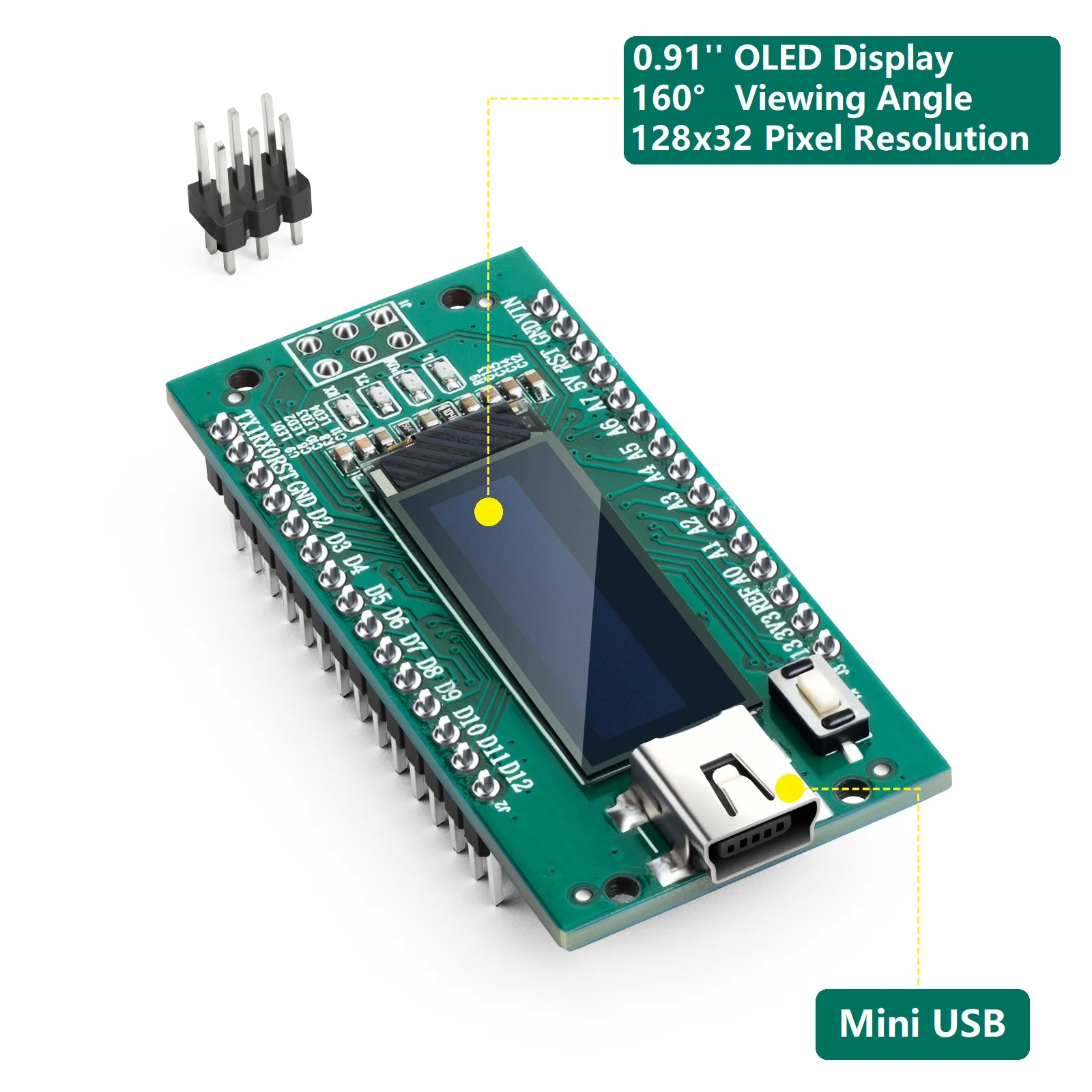 Nano V3.0 com display OLED embutido, compatível com Arduino, V3.0, ATmega328P, CH340, 0,91 polegadas, 128x32, SSD1306, IIC, I2C