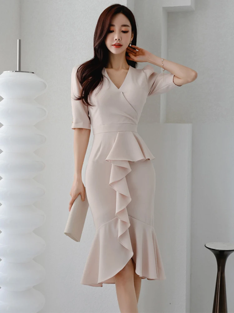 

Elegant Fashion Midi Dress Women Sweet Celebrity Pink White Ruffles Slit Fishtail Robe Feminine Party Banquet Vestidos Business