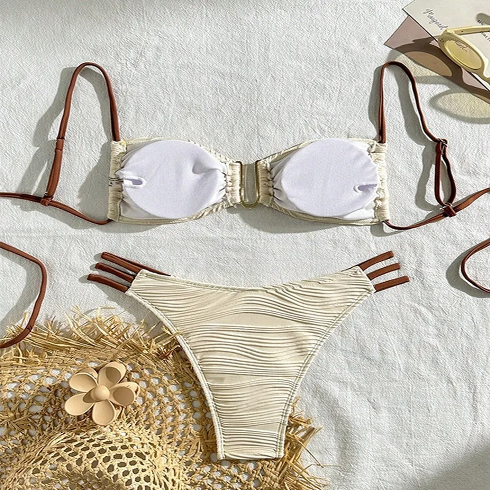 Sexy Color Block Lace-Up Bikini Set Women 3-Piece Swimwear Beach Spa Swimsuit For Israel Russia Tankini Swimsuits Women Biquinis