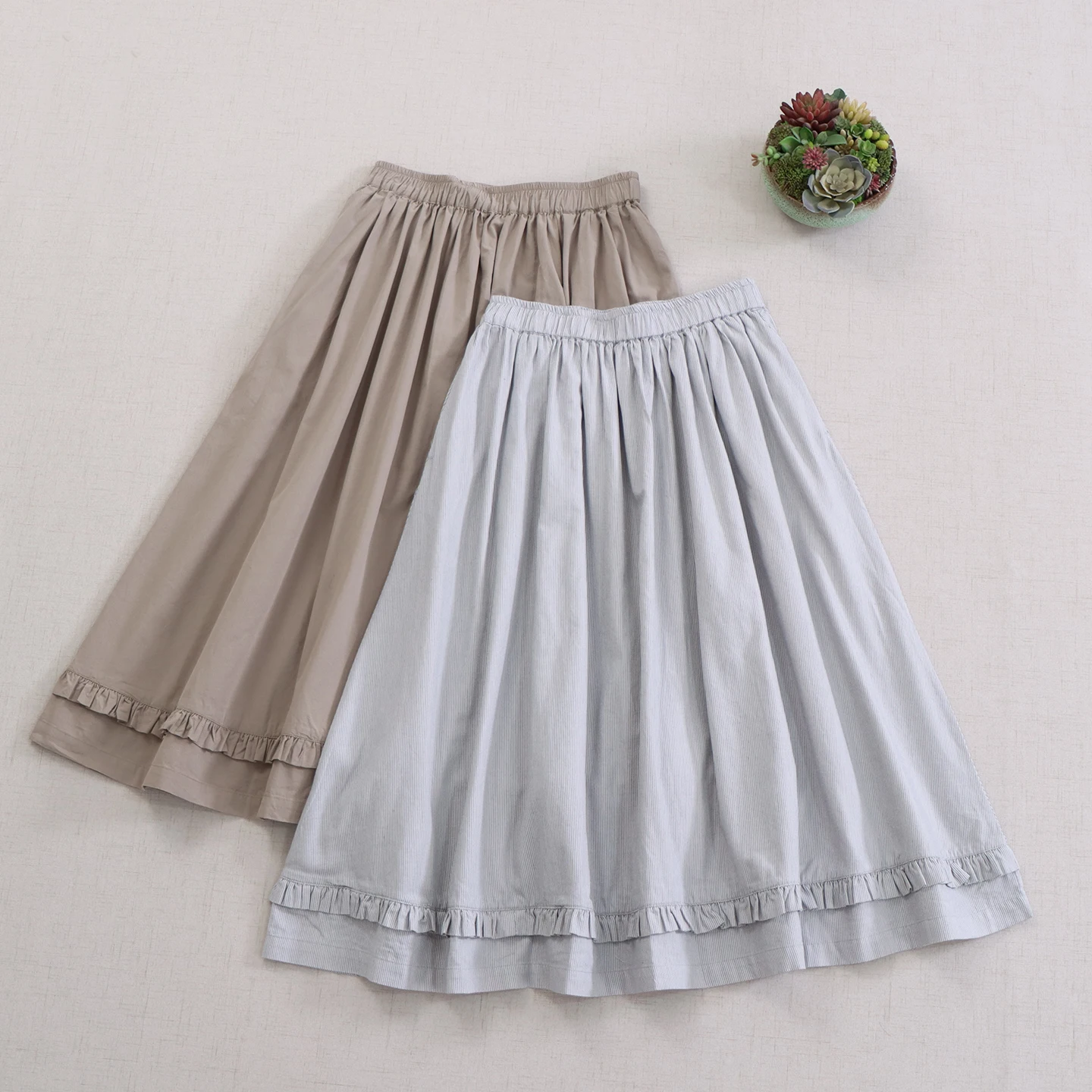 

Japanese Sweet Mori Girl Solid Color 100 Cotton Skirts Women Summer High Elastic Waist Casual Loose Ruffled A-Line Skirts