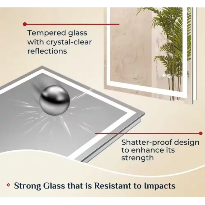 Rectangular Frameless with Frontlit&Backlit Anti-Fog LED Mirro Wall Mount Bathroom Vanity Mirror, Simple fashion, easy to instal