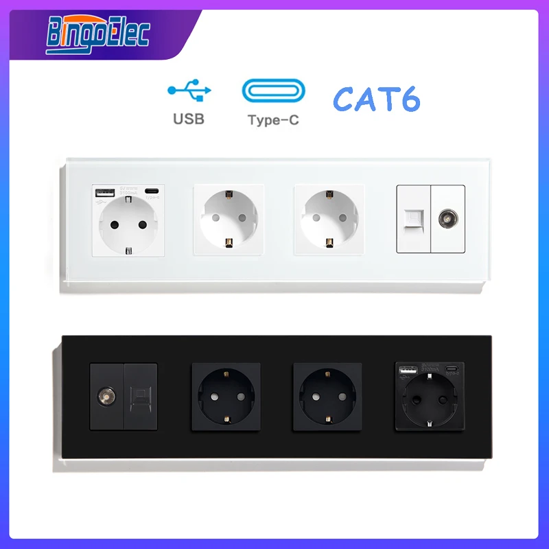 

Outlet with TV CAT6 Glass USB Socket EU Standard Wall Sockets with Type-C Internet Rj45 Network Connector home improvement