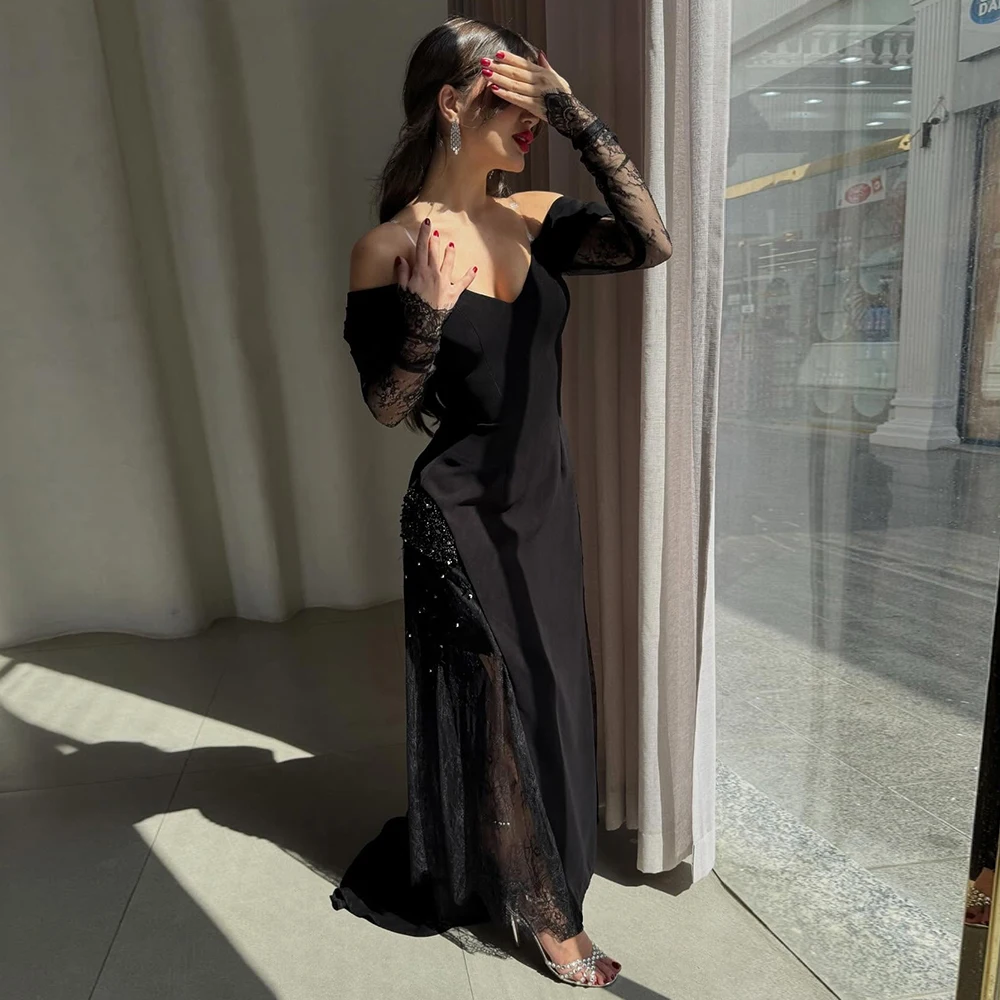 

Vanessa Black Off the Shoulder Lace Long Sleeves Evening Dress Sexy Sweetheart Sequined Straight Celebrity Party Gown Customized