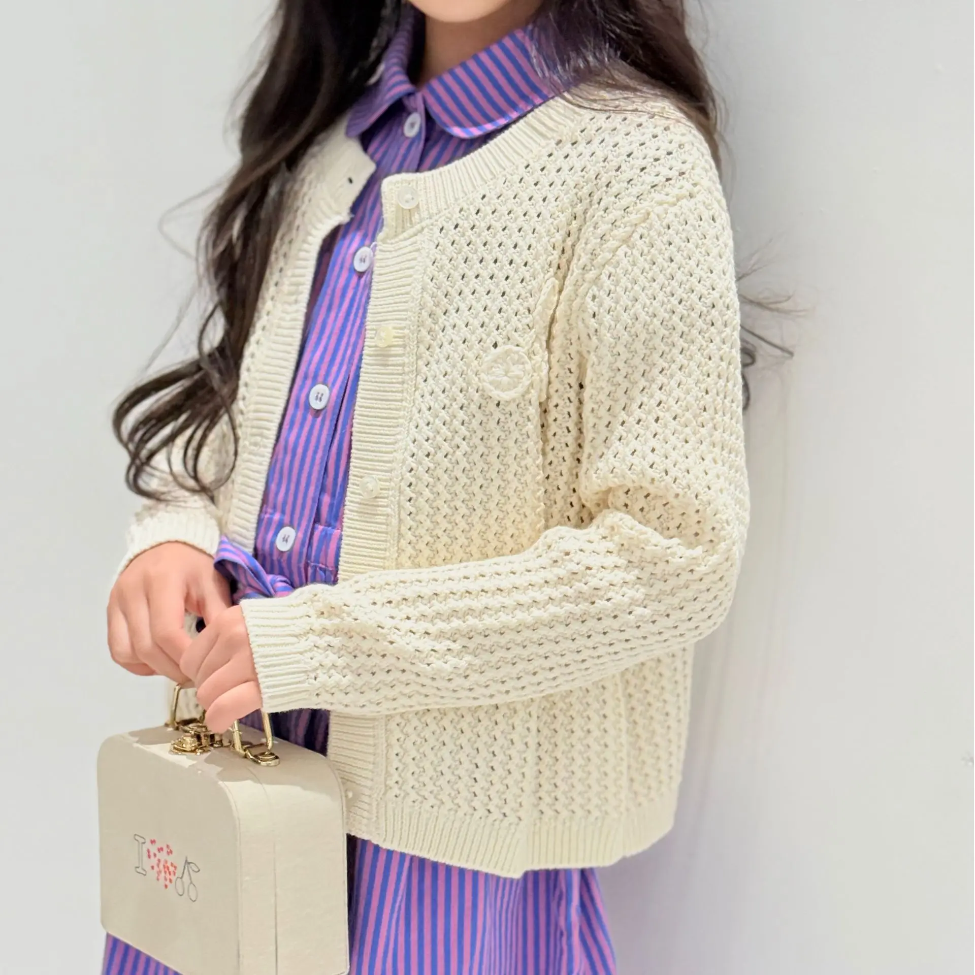 Girls Sweater 2026 Fall New Thin Cutout Fashion Kids Knit Cardigan Coat Cotton Purple Pattern Waist Skinny Girls A-Line Dress