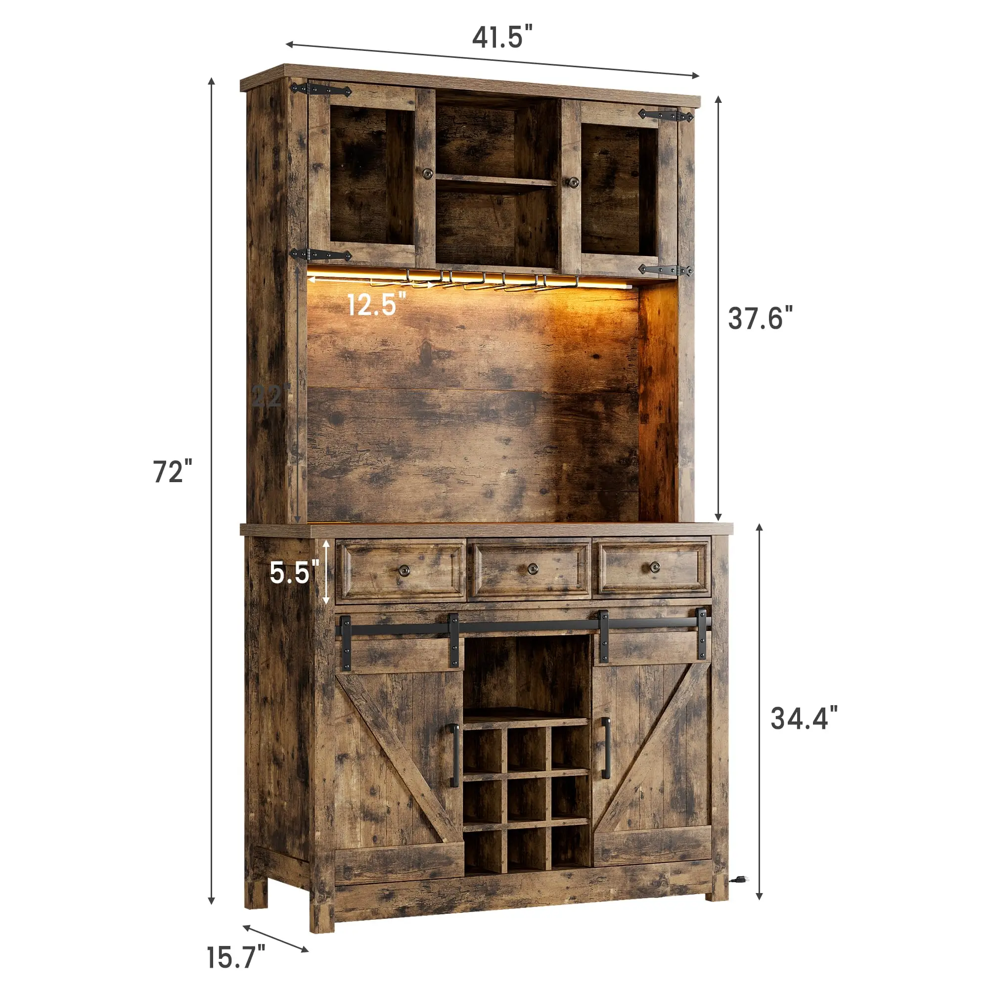 72 Inch Coffee Bar Cabinet With LED Lights And Power Outlets, Farmhouse Kitchen Buffet Hutch, Wine Rack, 3 Drawers And Sliding Barn Doors