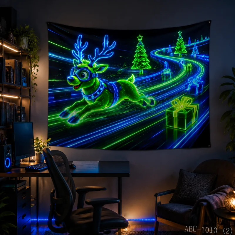 VIKAMA Neon Track Flying Reindeer Christmas Tapestry, High-Def Background Fabric, Dynamic Festive Room Decoration