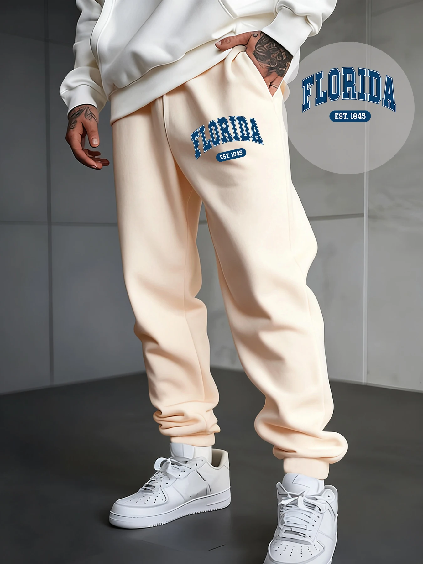 

Florida Est 1845 Letter Creative Printing Men Sweatpants Loose Trousers Drawstring Pocket Long Pants Autumn Fleece Man Jogging
