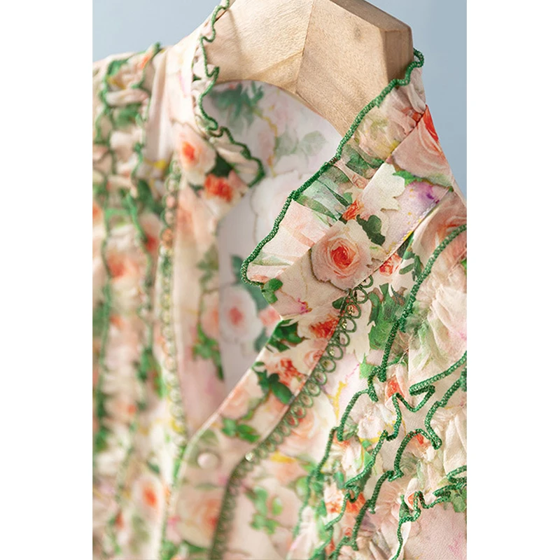 

Long Sve Printed Chiffon irt Casual Stand Collar Loose Fit Slimming Sle Korean Version Office Commute Faion Women's Top