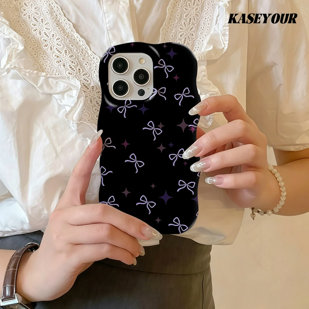 Lilac Bow Fashion 2 in 1 Glossy Phone Case for iPhone 13 14 15 16 17 Pro Max Wave Edges Hard Slim Back Cover Shell