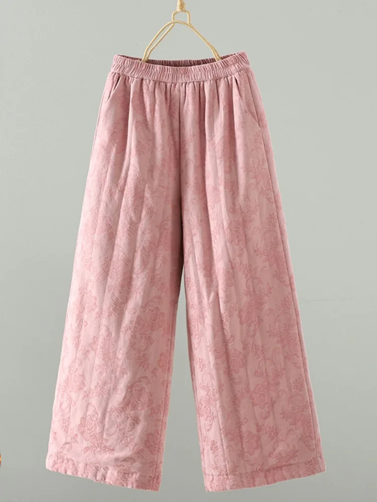 

Chinese Sle Vintage Quilted Cotton Wide Leg Pants Women's Winter Elastic Waist plus Size Cotton Linen Embroidered Outerwear...
