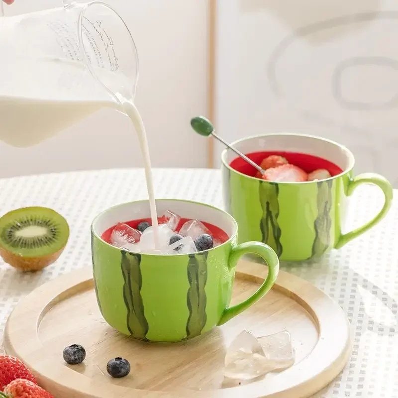 

Creative Watermelon Fruit Mug Ceramic Coffee Milk Mugs Breakfast Cup Lovely Large Capacity Water Cups 400ml for Christmas Gift