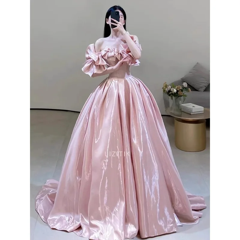 Pink Long Party Evening Dress Boutique Off-Shoulder A-Line Floor Length Prom Gown Customized Light Luxury Satin Wedding Dresses