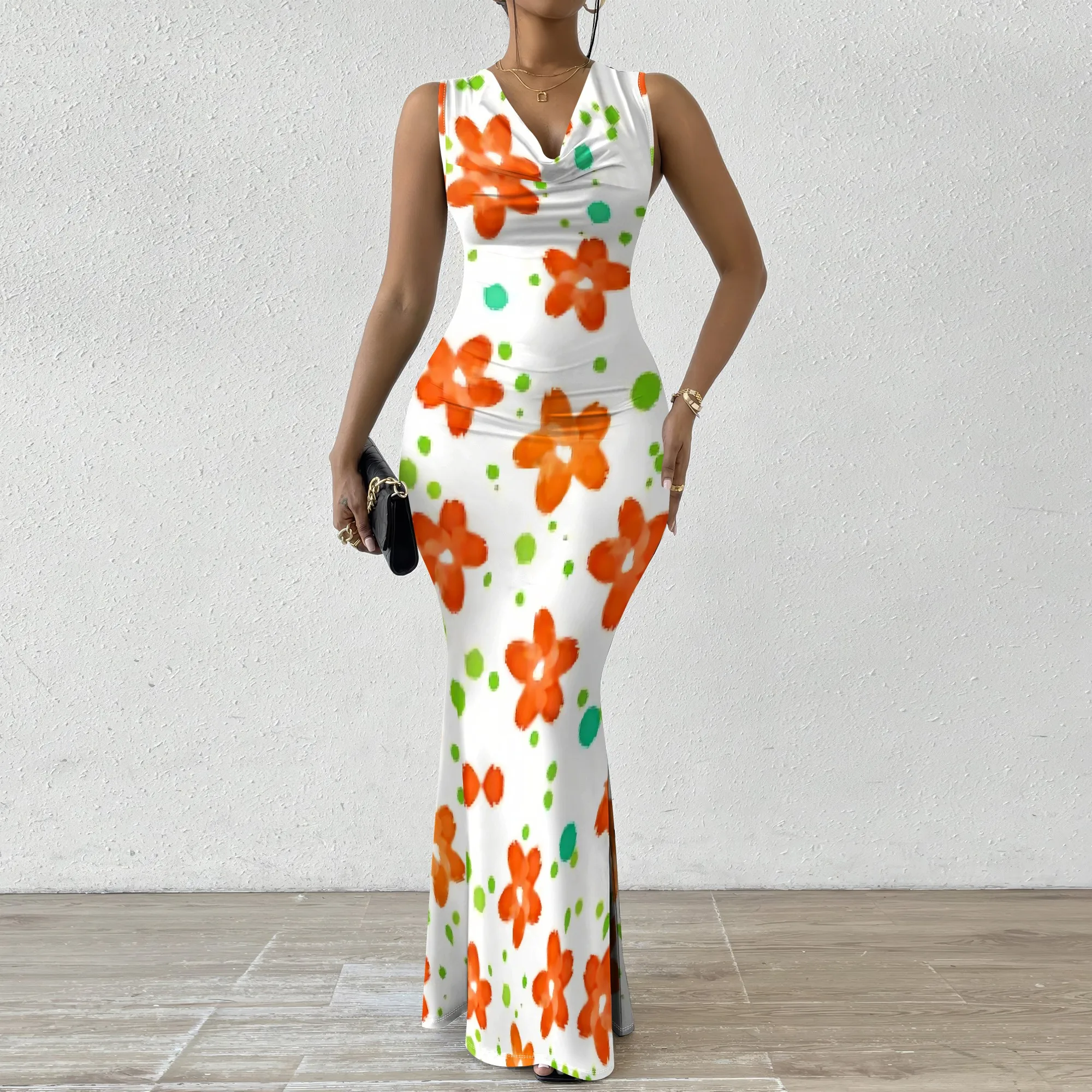 

Orange Floral Print Maxi Dress XS-2XL Sleeveless V-Neck Cowl Style for Spring Picnic, Garden Brunch or Casual Vacation Look