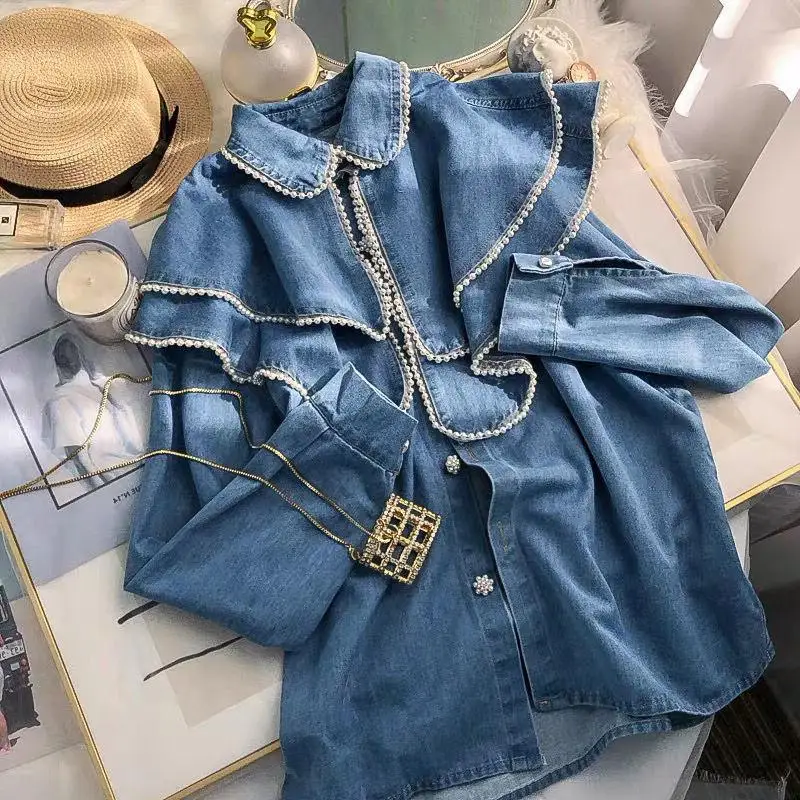 

Dimanaf 2024 New Autumn Basic Long Coat Denim Bead Jacket Long Sleeve Blue Women Loose Design Blue Vintage Tops