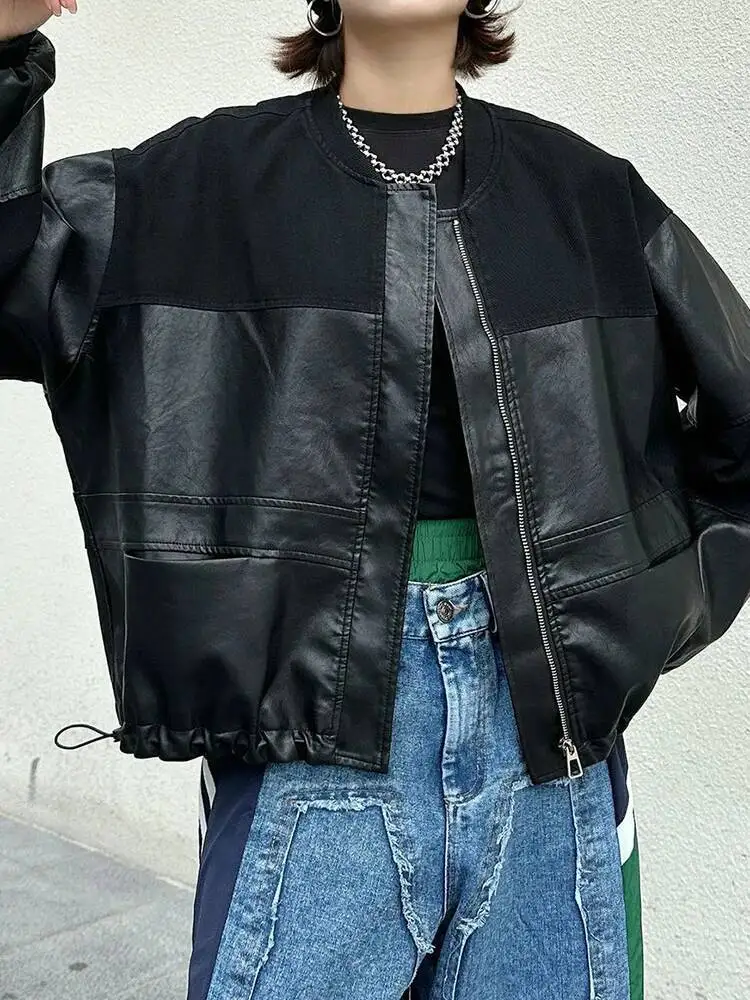 سترة سوداء برباط كبيرة الحجم من جلد البولي يوريثان سترة جديدة بياقة واقفة وأكمام طويلة معطف نسائي موضة المد ربيع الخريف