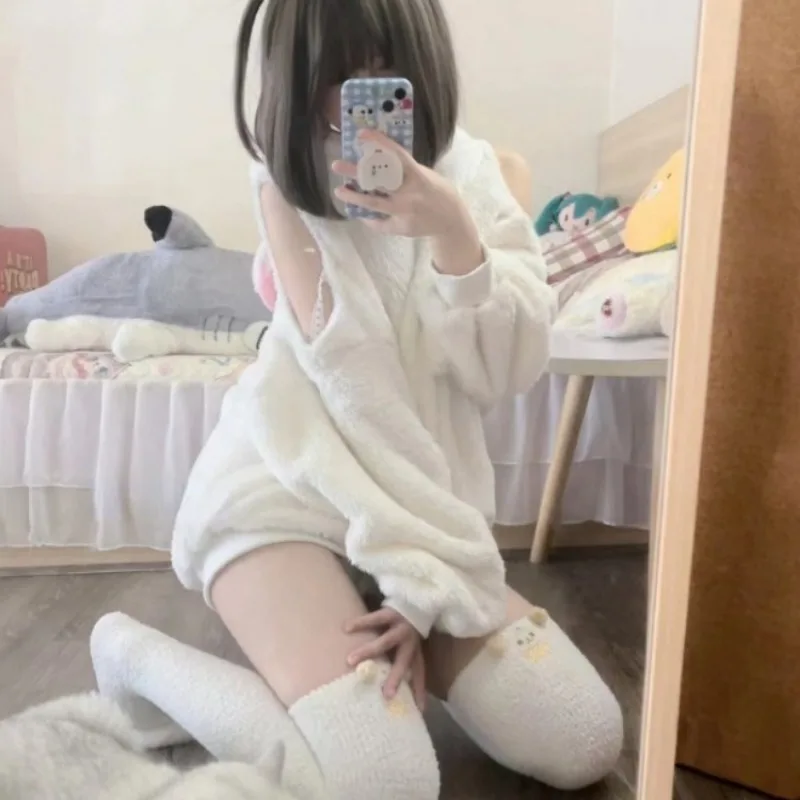 Sweet White Off Shoulder Hoodie Sweatshirt 2024 Autumn New Fluffy Thicked Warm Tops Women Y2k E-Girl Long Sleeve Sweatshirts