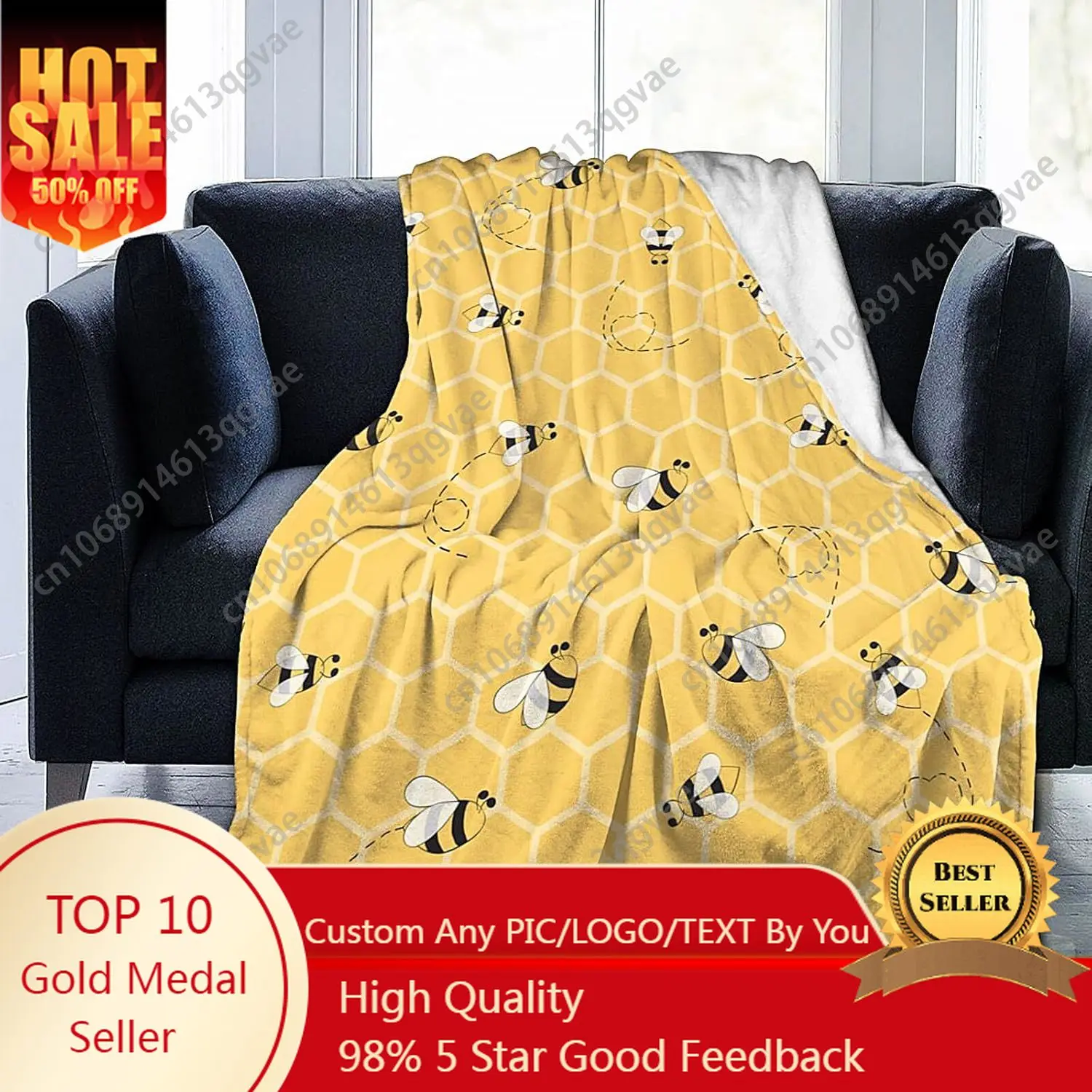 

Yellow Honeycomb Bee Blanket Soft Lightweight Throw Blankets Cozy Flannel Bed Throws for Sofa Couch Travel Home Room Bedroom