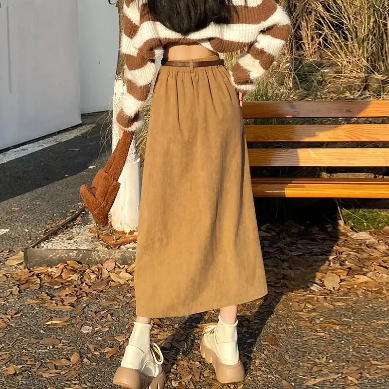 Korean Women Brown Skirts Winter High-waisted Corduroy Long Skirt Ladies College Style Pleated A-line Skirt Female Faldas