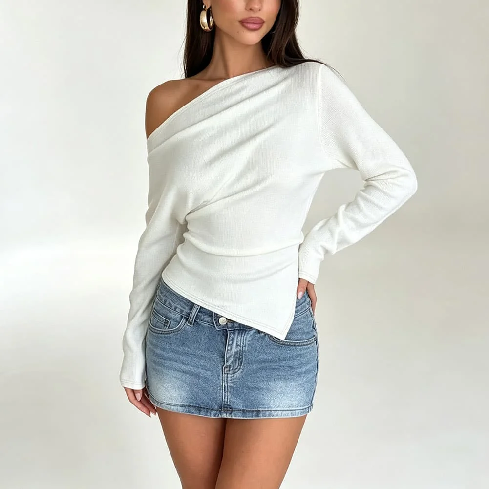 Off-Shoulder Asymmetrical Solid Color Polyester T Shirt for Women Long Sleeve Regular Length for Holiday and Cycling
