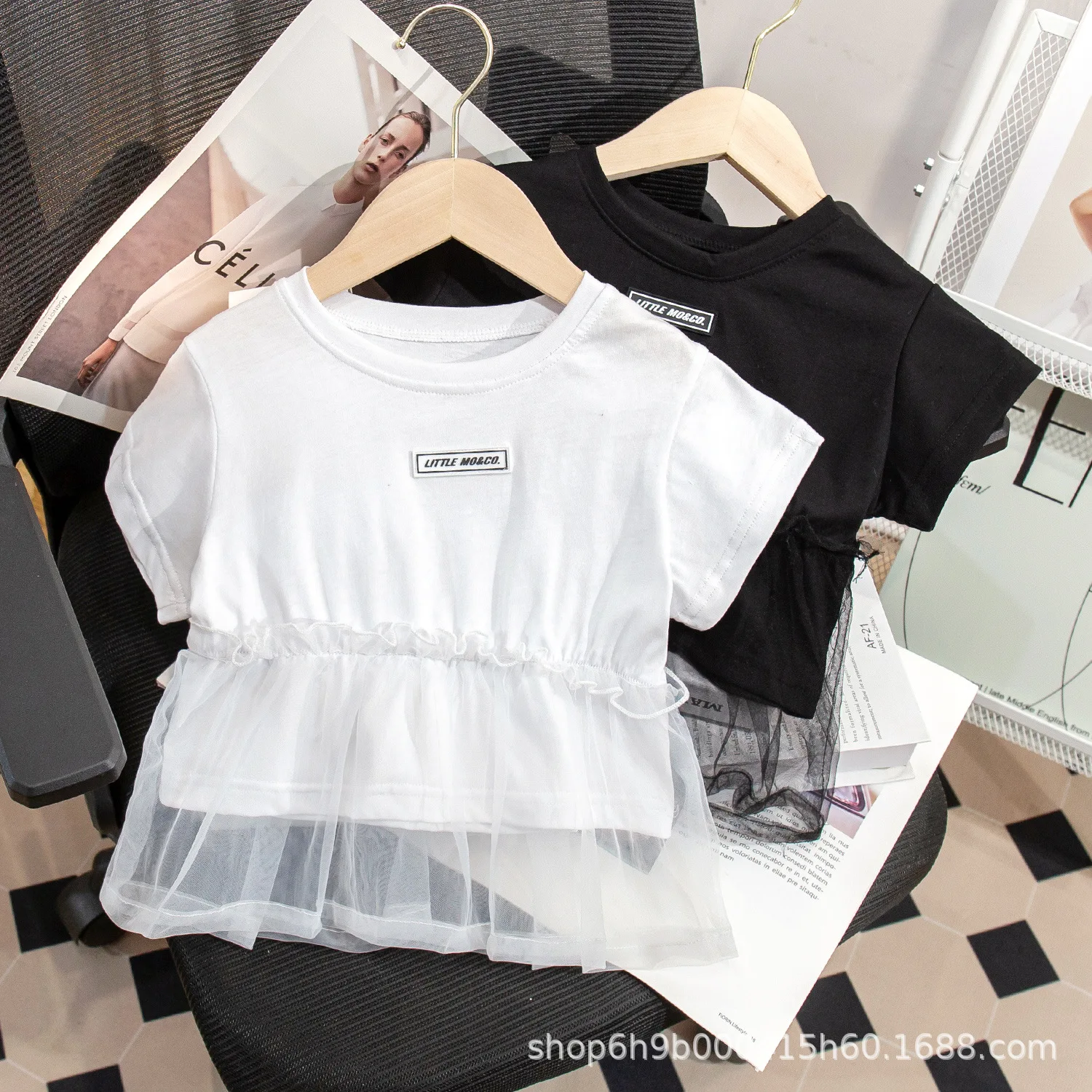 

Summer Dress Girl Short Sleeve T-shirt Little Girl Korean Fashionable Mesh Patchwork Top Children's Foreign Loose T-shirt