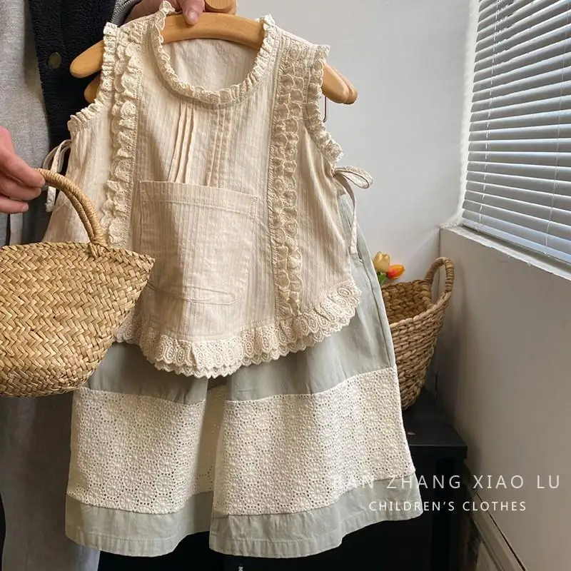 Girls Suit Embroidered Lace Vest Shirt Korean Style Sleeveless Thin Top+loose Trousers Outer Wear Casual 2-piece Set Loungewear