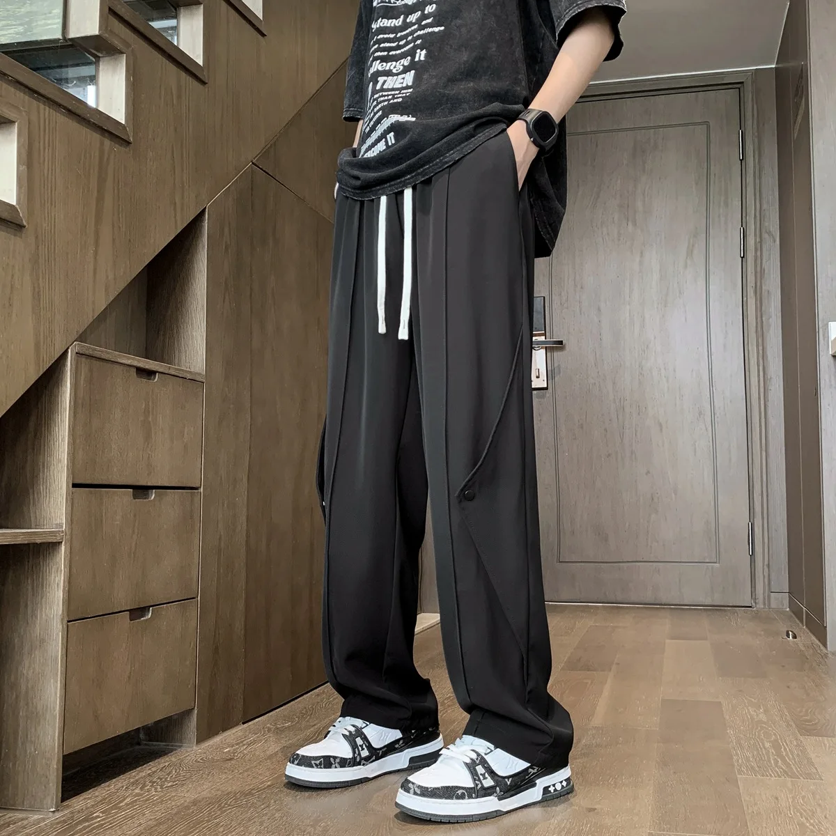 Elastic Waist Straight Pants Men's Casual Trousers Drawstring Baggy Jogging Pants Men's Summer Clothing Hip Hop Streetwear