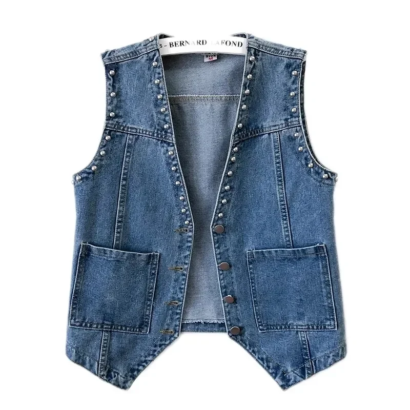 2024 Spring Summer Denim Jacket V-neck Women Vest Coat Female Rivet Sleeveless Short Jeans Jackets Cowboy Waistcoat