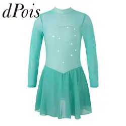 Childs Girls Shiny Rhinestone Long Sleeves Keyhole Back Dance Leotard Dress Kids Ice Roller Figure Skating Dress Dance costume