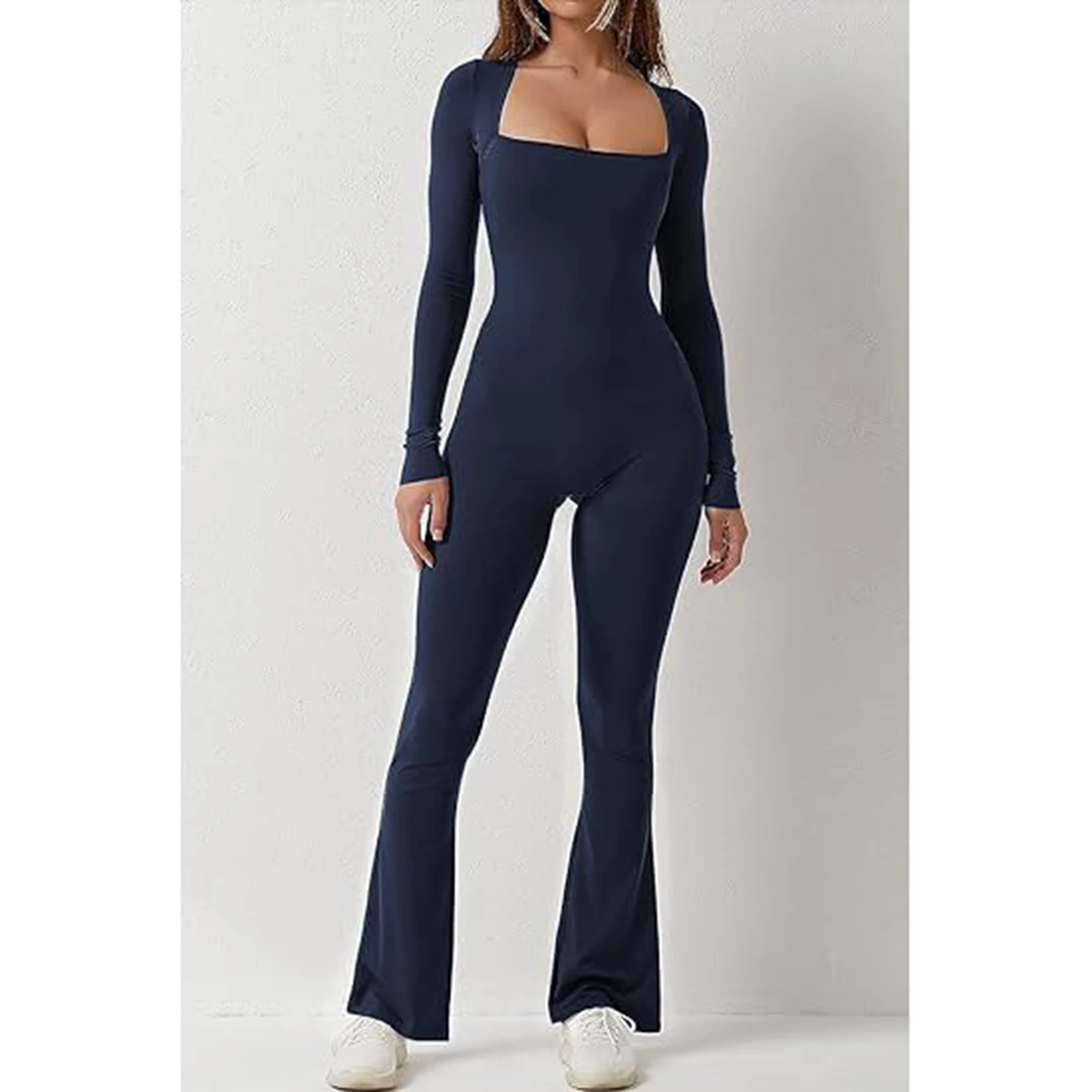 Workout Jumpsuit for Women Long Sleeve Square Neck Workout Tracksuit for Outdoor Traveling Clothes