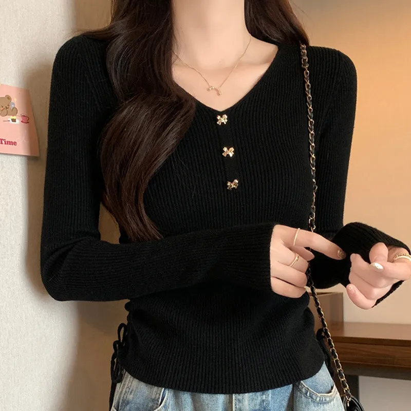 

Autumn Winter Stylish Women Pullover Knitted Sweater Dopamine Versatile Short Ruched Long Sleeve Youth Base Shirt Sweater