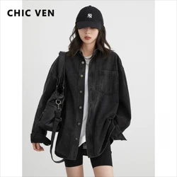 CHIC VEN Women Denim Coat Single Breasted Vintage Loose Denim Shirt Female Jacket Black Split Woman Top Spring Autumn 2024