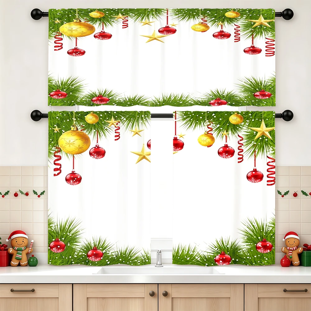 Christmas Winter Kitchen Curtains, Pine Branch Gold Star Red Ball, Digital Print, Kitchen Dining Room, Rod Pocket Polyester