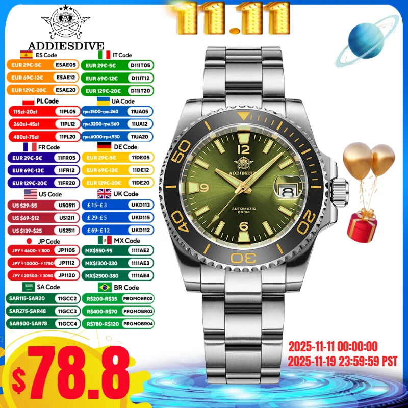 ADDIESDIVE AD2505 Uhr Für Männer Saphirglas BGW9 Leuchtende Reloj 200 M Wasserdicht 8215 Bewegung Automatische Mechanische Uhr