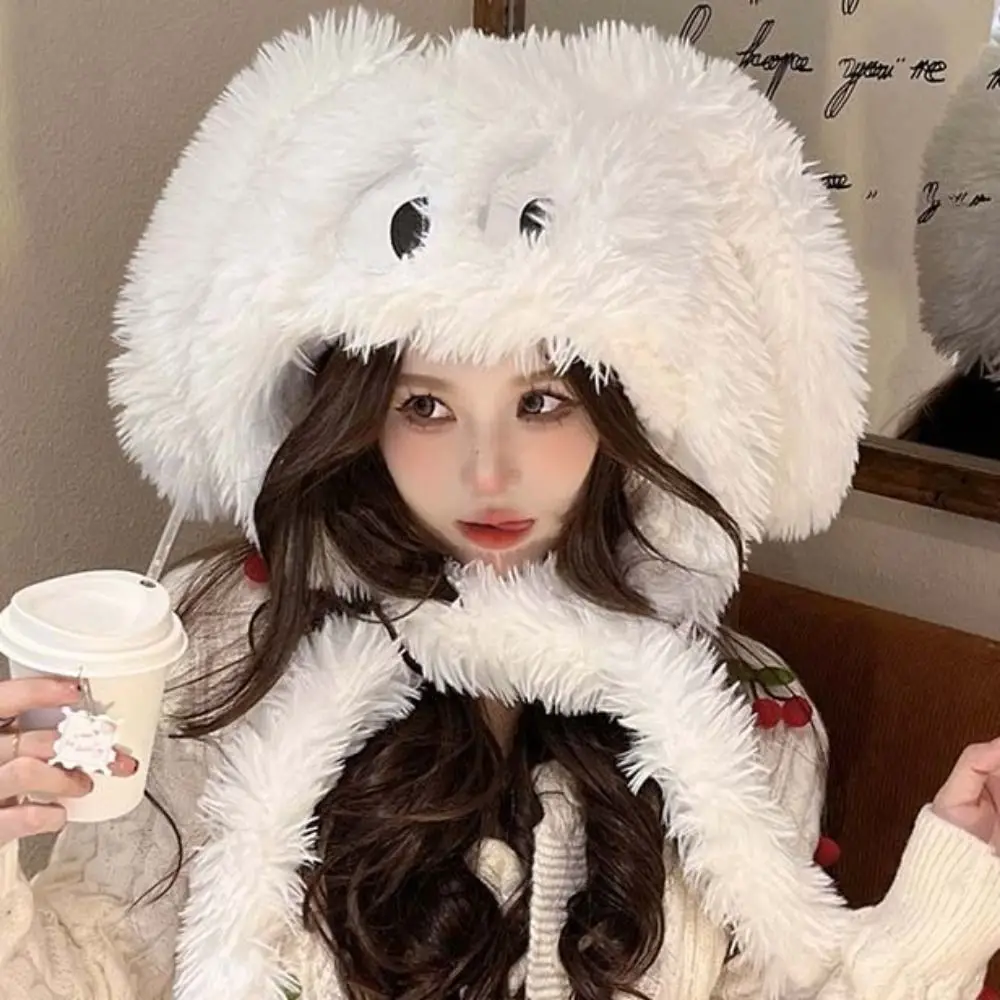 Cute Winter Long Hair Puppy Hat Thickened Ear Protection Plush Beanie Lace up Winter Hat Cartoon Hat Adult