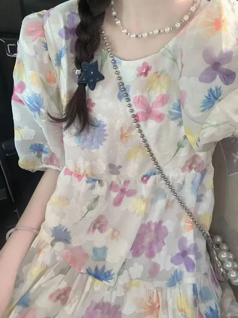 2025 新しい夏の甘い Y2k ドレス女性スーパー妖精気質バブルスリーブ花柄ドレス女性スリムガール服