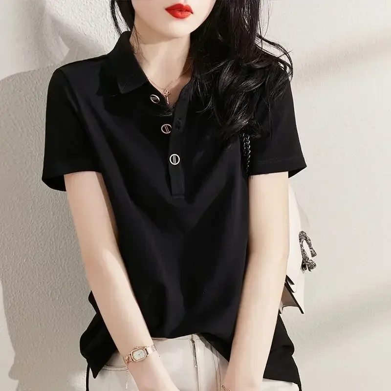 Short Sleeve Tee Black Button Tops Clothing Plain T-shirt Woman Polo Neck Shirts for Women Korean Style Synthetic Sale New V