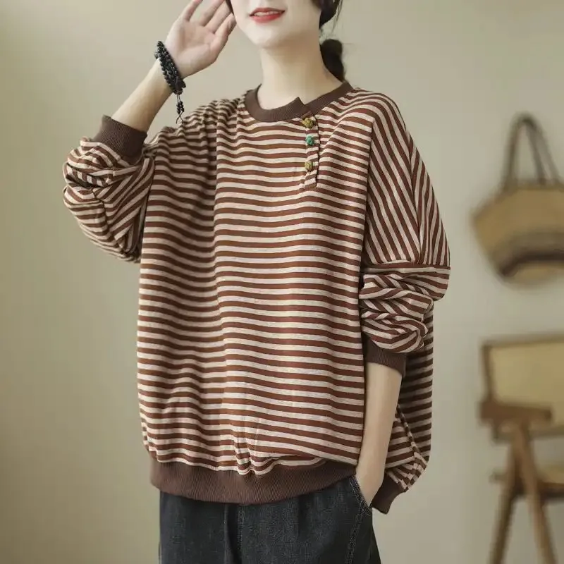 Felpa da donna con collo rotondo a righe color block elegante primavera autunno con bottoni a nodo cinese stile ampio e pigro