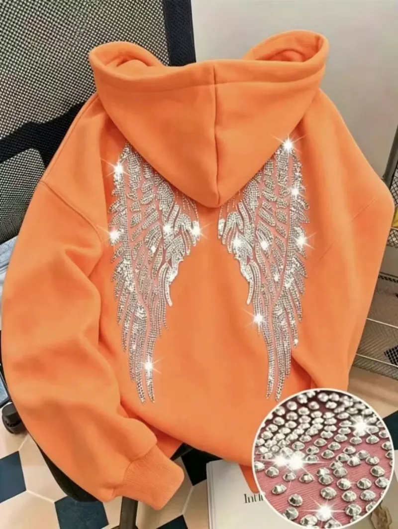 Leisure Spring and Autumn Sweater Wing Print and Hot Rhinestone Two Styles Women's Long-sleeved Pullover Hoodie