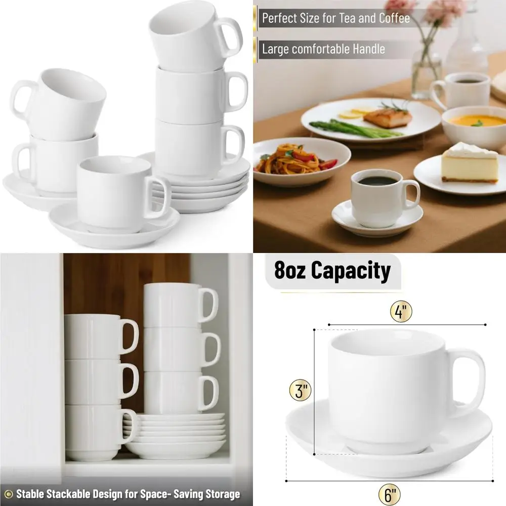

btat- stackable tea cups and saucers, white, set of 6 (8 oz), cappuccino cups, coffee cups, white tea cup set, british coffee cu