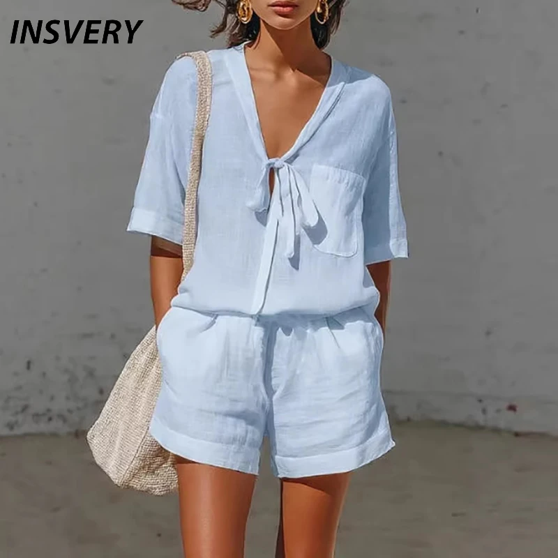 

Summer V Neck Short Sleeve Knot Shirt Shorts Suit Women Casual Two Piece Set Solid Color Beach Holiday Outfits